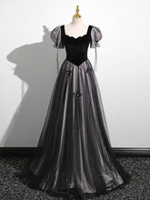 Drop Waist Black Long A-line Prom Dress with Bubble Short Sleeves - DollyGown